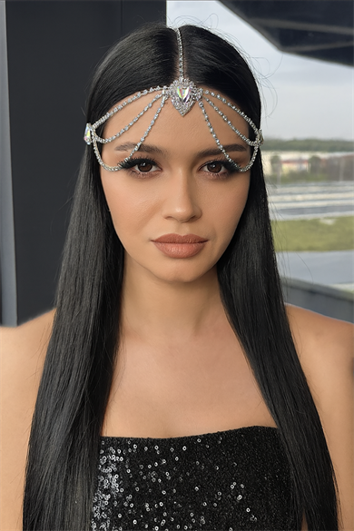 Gümüş Renk Hologram Taş Detaylı Alınlık/Kına Aksesuarı