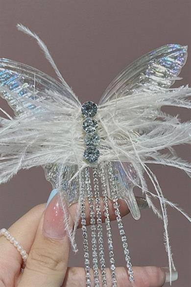 Şeffaf Renk Kelebek Figürlü Taş Detaylı Yan Toka