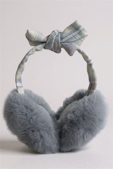 Gri Renk Ekose Desenli Peluş Kulaklık