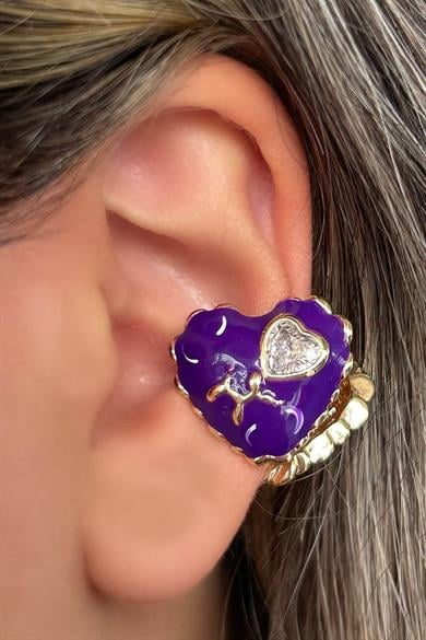 Altın Ve Mor Renk Kalp Figürlü 14K Altın Kaplama TX Ear Cuff (Tek)
