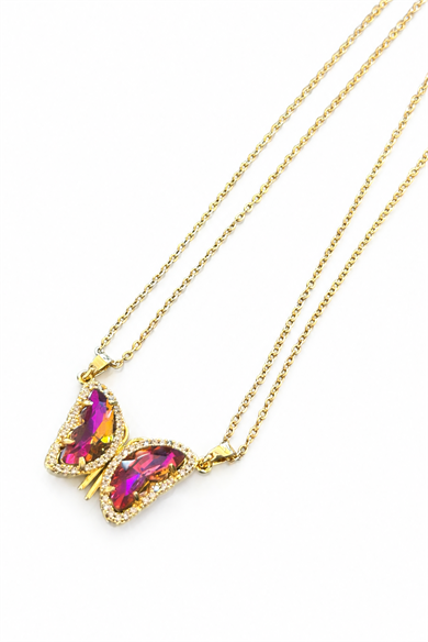 Altın Renk Kelebek Figürlü Taş Detaylı Mıknatıslı Çelik Arkadaşlık Kolyesi