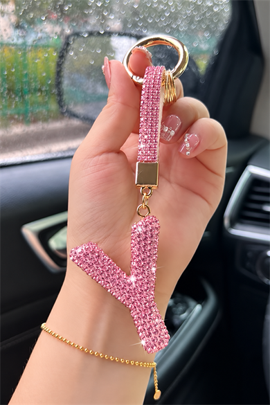 Pembe Renk Y Harf Taşlı Çanta Charm/ Anahtarlık