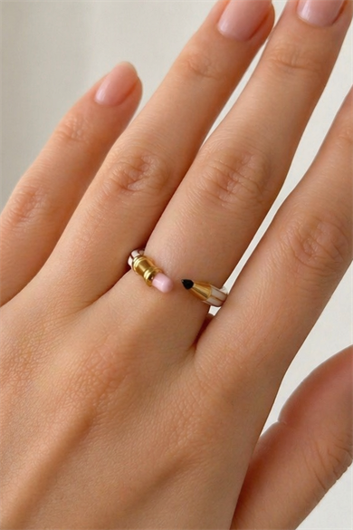 Altın Ve Beyaz Renk Kalem Figürlü Ayarlanabilir Yüzük