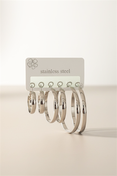 6lı Gümüş Renk Taş Detaylı Çelik Küpe Set