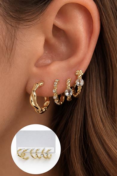 6lı Altın Renk Taş Detaylı Küpe Set