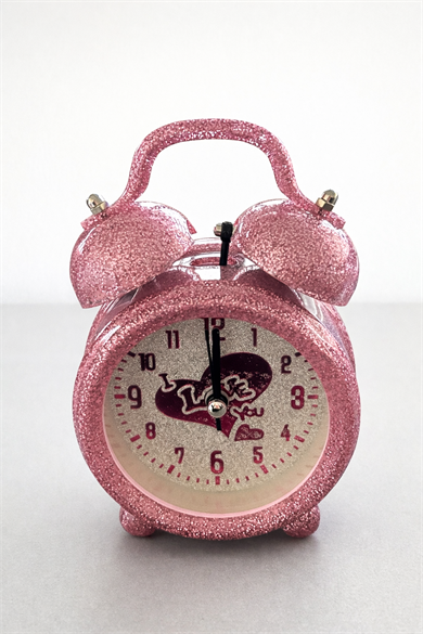 Pembe Renk Simli Mini Dekoratif Işıklı Alarmlı Yuvarlak Masa Saati