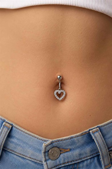 Gümüş Renk Kalp Figürlü Taşlı Cerrahi Çelik Göbek Piercing