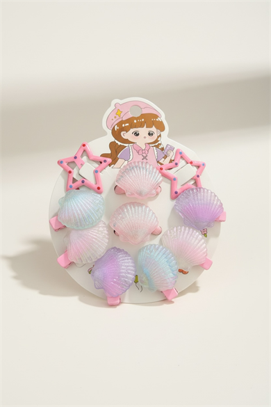 10lu Pembe Renk Deniz Kabuğu Ve Yıldız Figürlü Lastik Toka Ve Yan Toka Set