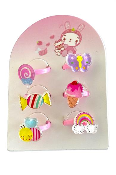 6lı Pembe Renk Karışık Figürlü Çocuk Yüzük Set