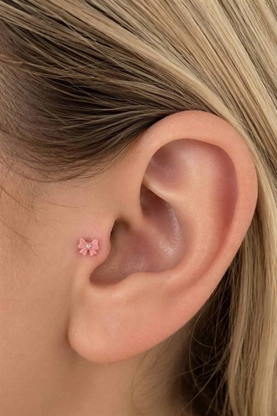 Pembe Renk Kurdele Figürlü Taşlı Cerrahi Çelik Tragus/Kıkırdak Küpe/Piercing (Tek)