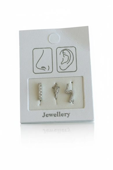 Gümüş Renk Karışık Figürlü Deliksiz Kulak/Burun 3lü Piercing Set