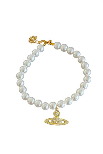 Altın Renk Gezegen Figürlü İnci Detaylı M Beden Kedi Köpek Tasma