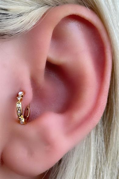 Altın Renk Taş Detaylı Halka Çelik Tragus/Kıkırdak Küpe/Piercing (Tek)