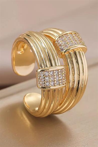 Altın Renk İkili Taş Detaylı Ayarlanabilir Çelik Yüzük