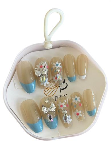 10lu Krem Ve Mavi Renk Çiçek Figürlü Taş Detaylı Takma Tırnak Set (Yapıştırıcılı)