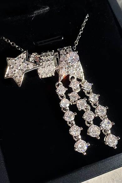 Gümüş Renk Yıldız Figürlü Taş Detaylı 14K Altın Kaplama TX Kolye