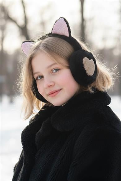 Siyah Renk Kalp Figürlü Kulaklı Çocuk Peluş Kulaklık