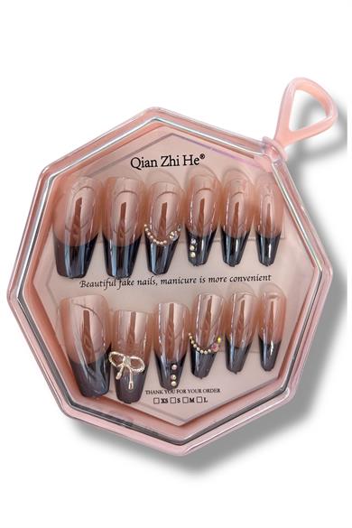 12li Pudra Ve Siyah Renk Jel Görünümlü Takma Tırnak (Yapıştırıcılı)