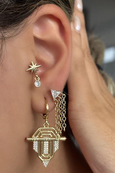 Altın Renk Taş Detaylı 3lü YSX Küpe Set