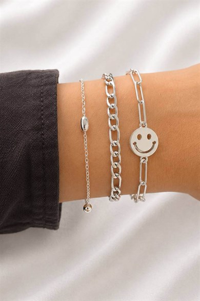 Gümüş Renk  Zincir Detaylı 3lü Bileklik Set