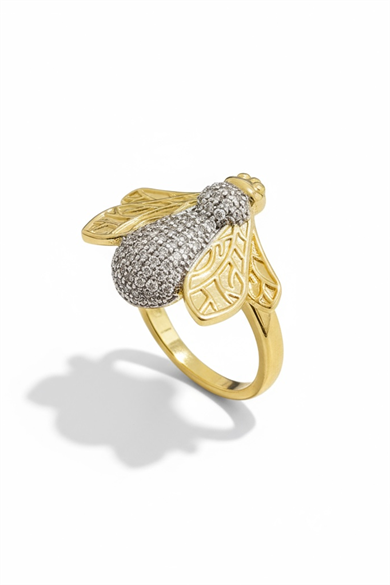 Altın Ve Gümüş Renk Arı Figürlü 14K Altın Kaplama Ayarlanabilir Yüzük