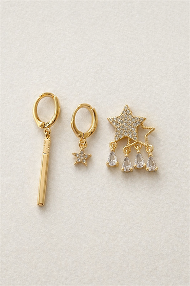 Altın Renk Yıldız Figürlü 3lü Ysx Küpe Set