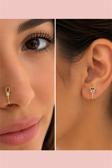 Altın Renk Karışık Figürlü Deliksiz Kulak/Burun 3lü Piercing Set