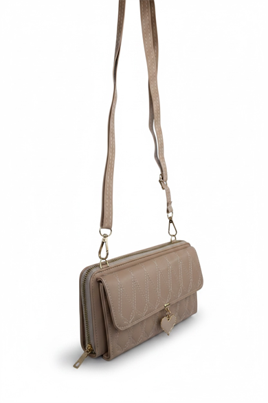 Bej Renk Kalp Detaylı Deri Cüzdan/Çanta