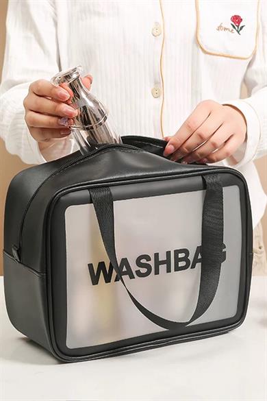 Siyah Renk Washbag Yazılı Su Geçirmez Büyük Boy Makyaj Çantası