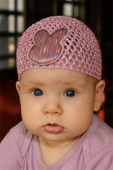 Açık Pembe Renk Tavşan Figürlü Örgü Detaylı Bebek Saç Bandı/ Saç Bonesi