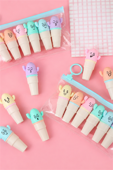 Karışık Renk 6lı Kaktüs Figürlü Fosforlu Kalem Set