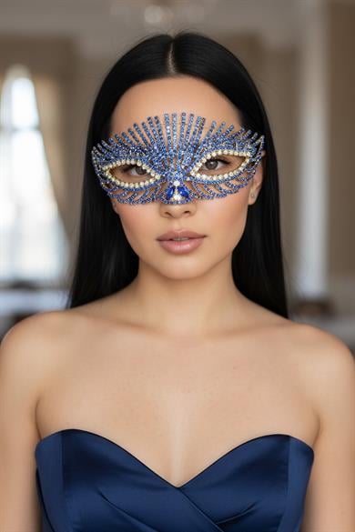 Altın Renk Mavi Taş Detaylı Tasarım Parti Maskesi