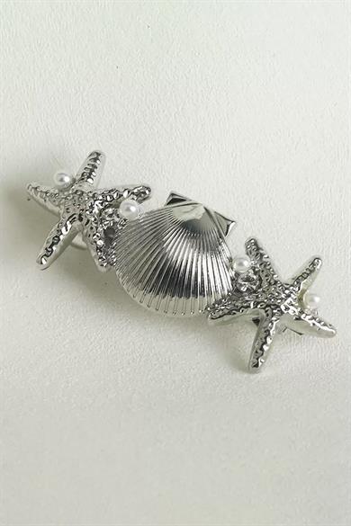 Gümüş Renk Deniz Kabuğu Ve Yıldız Figürlü Metal Otomat Toka