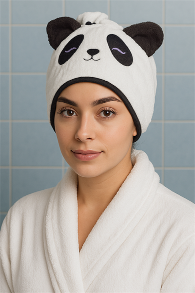 Beyaz Renk Panda Figürlü Saç Havlusu/ Bonesi Lastikli