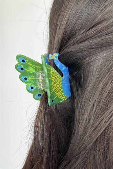 Karışık Renk Tavus Kuşu Figürlü Küçük Boy Kemik Mandal Toka