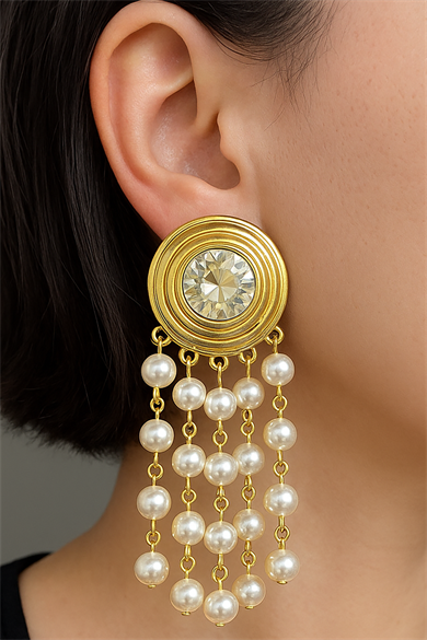 Altın Renk Taş Ve İnci Detaylı Tasarım Küpe (Çift)