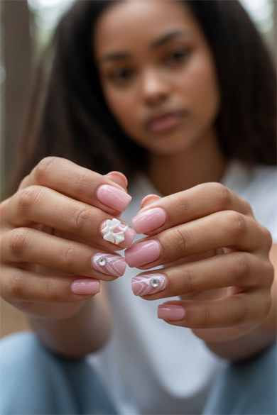 12li Pembe Renk Kurdele Detaylı Takma Tırnak Set (Yapıştırıcılı)