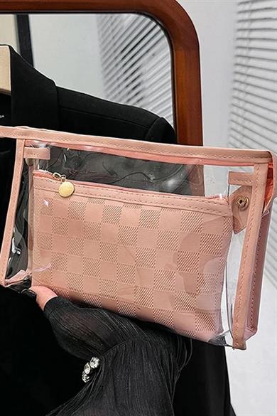 Pembe Renk 2li Şeffaf Makyaj Çantası