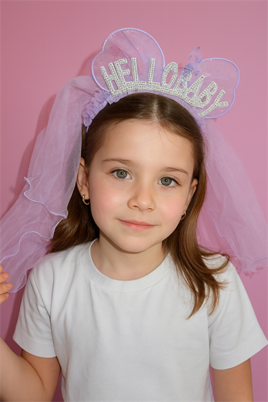 Mor Renk Hello Baby Yazılı Tül Detaylı Taç