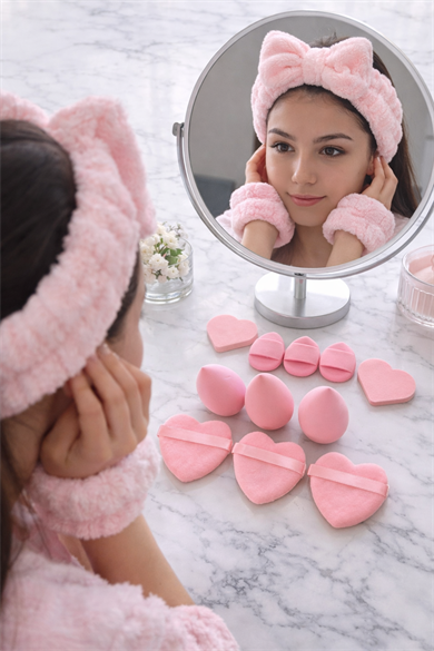 Pembe Renk Kurdele Figürlü Su Emici Havlu Bileklik/Saç Bandı/Makyaj Süngeri Set