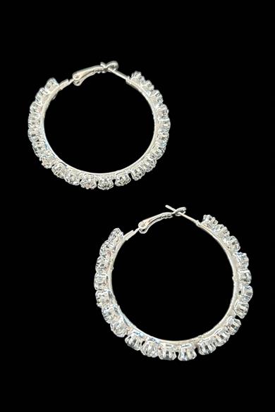 Gümüş Renk Taş Detaylı Halka Küpe (Çift)