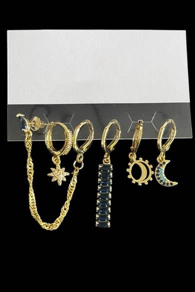 6lı Altın Renk Taş Detaylı Küpe Set