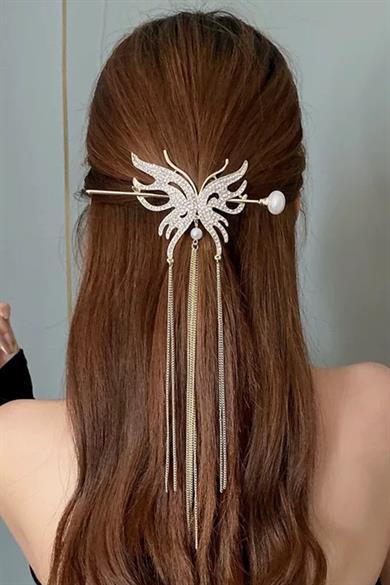 Rose Renk Kelebek Figürlü Taşlı Sallantılı Topuz Toka