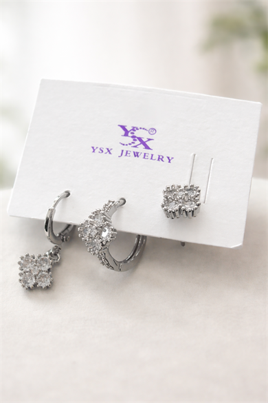 Gümüş Renk Taş Detaylı 3lü YSX Küpe Set