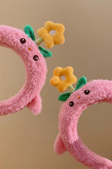 Pembe Renk Dönen Çiçek Detaylı Peluş Taç