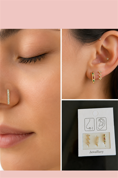 Altın Renk Karışık Figürlü Deliksiz Kulak/Burun 3lü Piercing Set