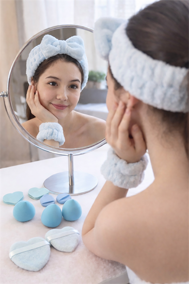 Mavi Renk Kurdele Figürlü Su Emici Havlu Bileklik/Saç Bandı/Makyaj Süngeri Set