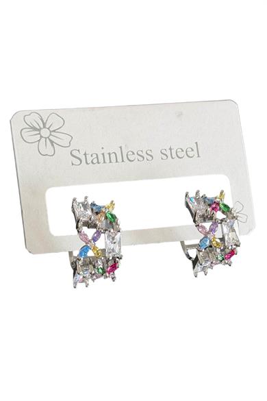 Gümüş Renk Taş Detaylı Çelik Küpe (Çift)