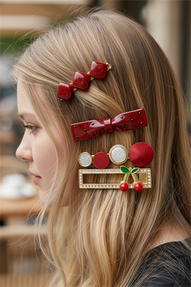 4lü Altın Ve Kırmızı Renk Karışık Figürlü Yan Toka Set