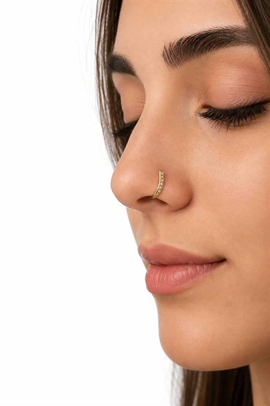 Altın Renk Taş Detaylı Cerrahi Çelik Deliksiz Kulak/Burun Piercing 